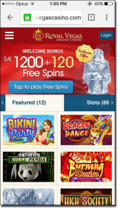 Royal Vegas mobile casino on Google Chrome