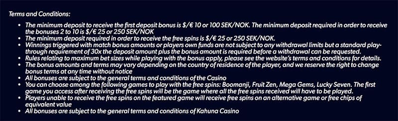 Kahuna Casino terms and conditions
